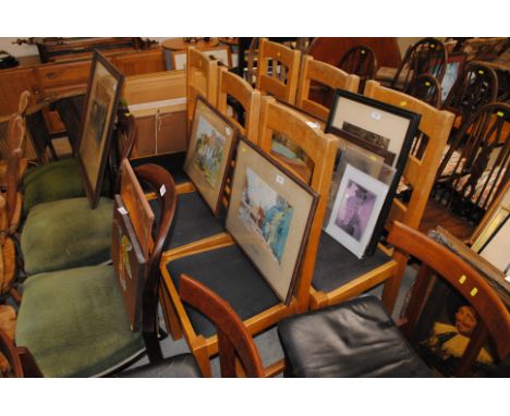 A set of six modern light oak ladder back dining chairs