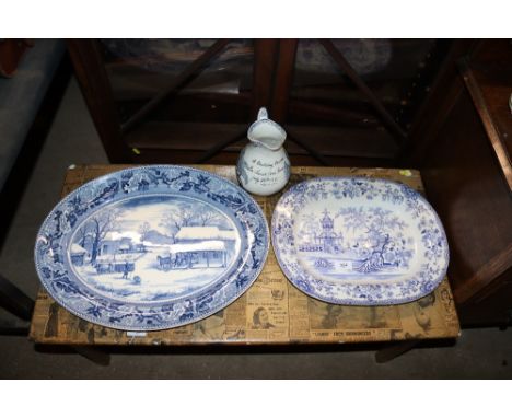 A Johnson Bros. Historic American meat plate, a blue and white meat plate, and a transfer print jug "A Birthday Present From 