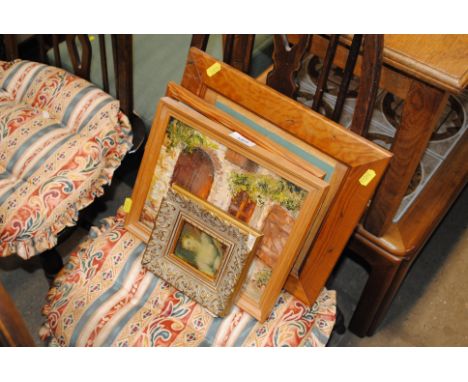 An oil painting entitled 'The Open Door', a portrait print and various other pictures and prints