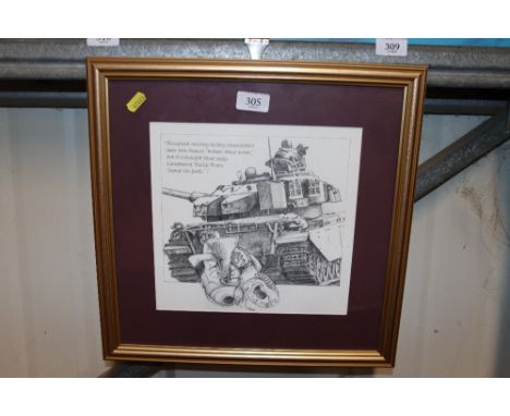 A framed and glazed sketch depicting a tank, "Burnt His Boots"
