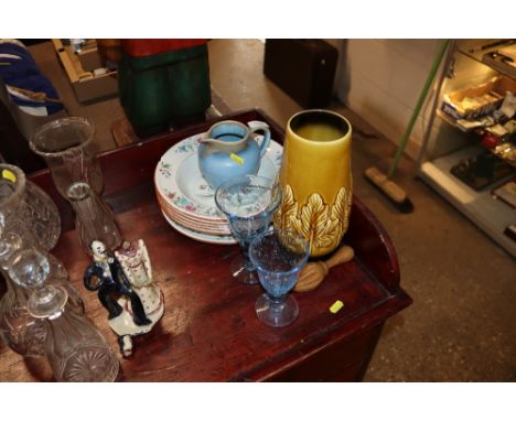 A Devonmoore pottery jug, a Sylvac vase, two bubble glass vases and a collection of Copeland floral decorated bowls