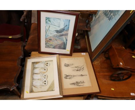 A black and white print "Round The Coast Of Guernsey"; a coloured print depicting barn owls; a Terence Bond print and a wool 