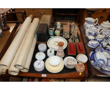 A collection of David Winter model houses, various small ornaments, Royal Doulton character jugs, two tins in the form of roc