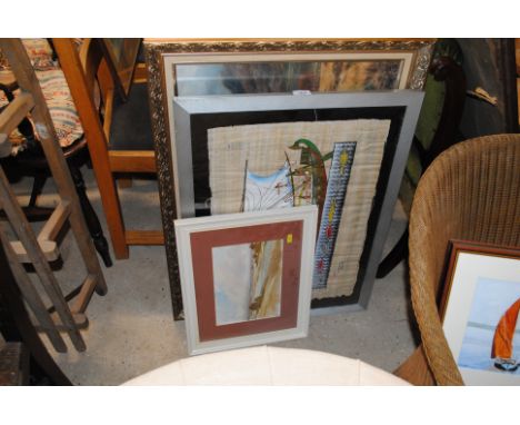 Unsigned watercolour landscape study; an Egyptian Revival painting on papyrus; a gilt framed print and three other pictures 