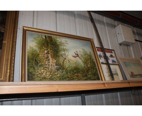 A gilt framed oil on canvas depicting cock pheasants in flight and a watercolour depicting a farmyard scene, a photographic p