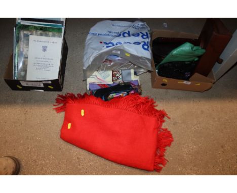A red alpaco shawl and a quantity of vintage silk scarves