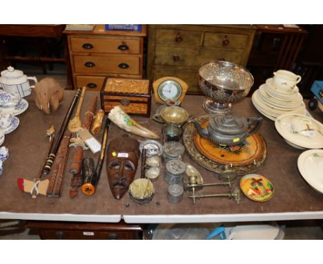 A collection of various wooden and metalware to include punch bowl, candle sconces, musical instruments and a dagger with car