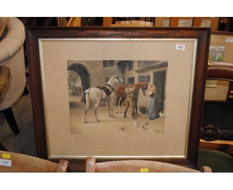 An oak framed coloured print after Gilbert S Wright entitled 'Morning Work'