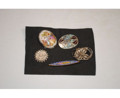 Five vintage brooches including Sterling silver, Limoges and millefiori 