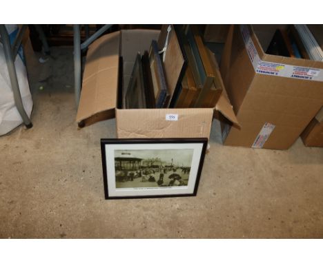 A box of various pictures and prints to include still life prints, a print of HMS Victory, black and white photographic print