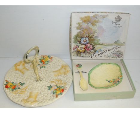 Clarice Cliff 'Celtic Harvest' cake stand & Crown Devon jam dish and spoon in original box