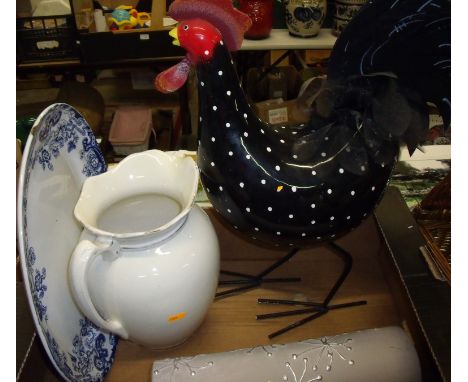 Box of assorted ceramics including large ceramic chicken