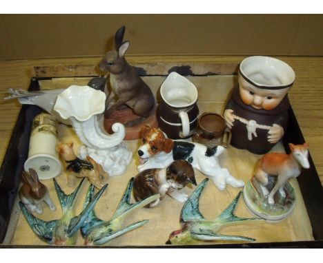 Small box of decorative ceramics including Staffordshire seated greyhound, Royal Copenhagen bird, figurines, Royal Worcester 