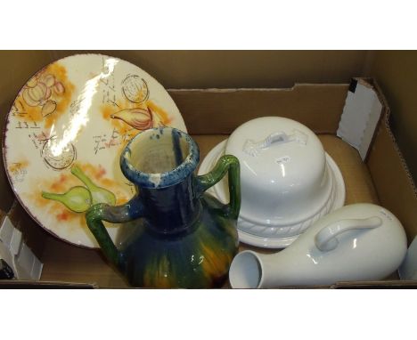 Studio Pottery twin handled drip glazed vase in the Linthorpe style, cheese dish and cover, decorative comport etc.