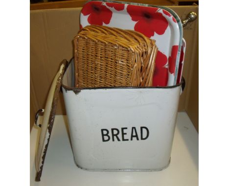 Enamel bread bin, selection of trays, companion set etc.