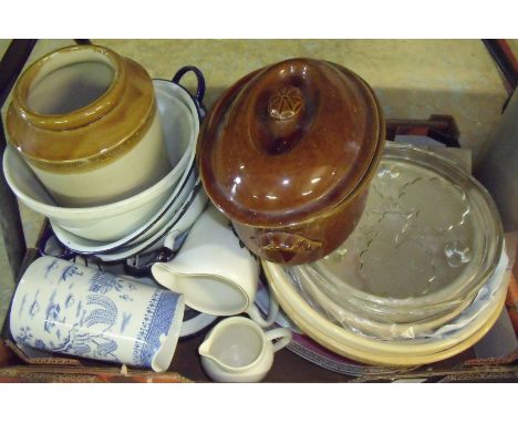 Large selection of kitchenalia including bread bowls, enamel pans, casserole dishes etc.