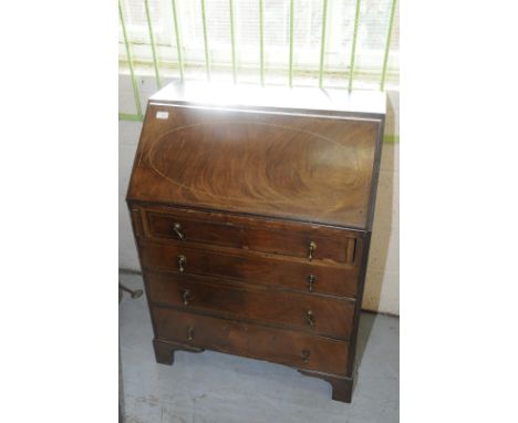 Mahogany inlaid bureau with fall front revealing fitted interior above four drawers and four raised bracket feet 