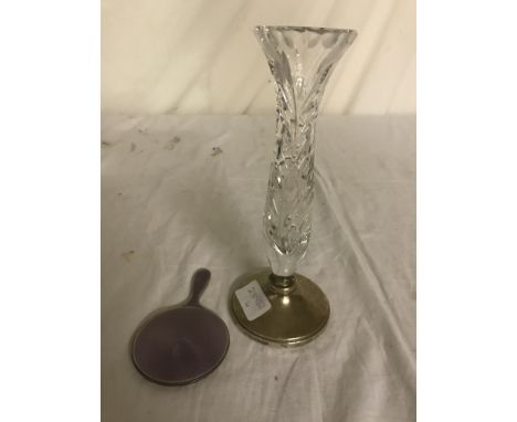 An Aspreys enamelled hand mirror; together with a silver-based glass spill vase