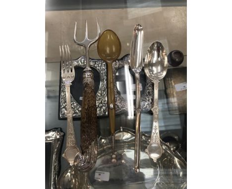 A 19th century marrow scoop; together with a Victorian silver spoon and fork, muffin fork and honey spoon