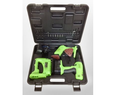 A Tooltec electric cordless drill, jigsaw and sander in box with charger.