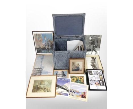 A wicker hamper containing assorted pictures and prints, including local scenes, old master prints, etc.