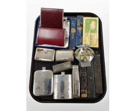 A group of antique cutthroat razors in boxes, hip flask, snuffboxes, a magnifying glass, an AAR badge.