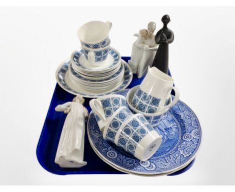 20 pieces of Royal Tuscan tea china, together with two further blue and white plates, a Lladro figure, a Nao figure and a Roy