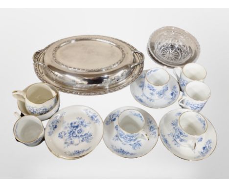 A silver-plated entrée dish with cover, together with Crown Staffordshire coffee china and two crystal bowls.