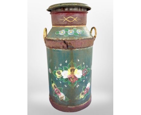 A painted aluminium milk churn, height 75cm.
