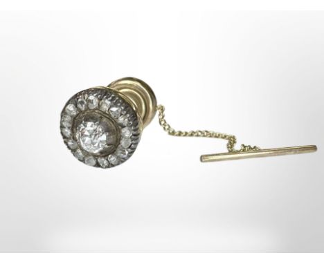 A 19th century yellow gold mounted old cut diamond collar stud  with safety chain, the central old cut stone approximately 0.
