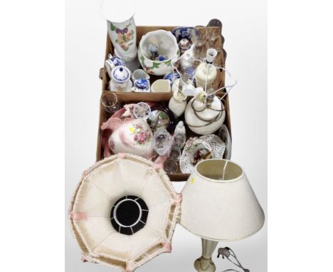 Two boxes containing lamp bases, pottery jardiniere on stand, Ringtons tea china caddies, pottery wash jug and basin, glasses