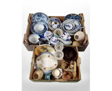 Two boxes containing oriental export blue and white tea bowls, other ceramics, ginger jars, Royal Doulton plates, West German