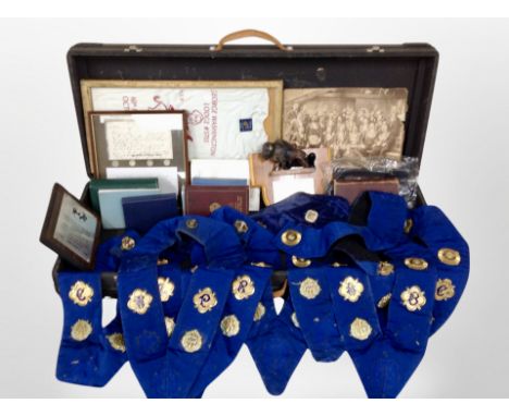 A case of ephemera relating to the Royal Antediluvian Order of Buffalo's including presentation plaques, sash with enamelled 
