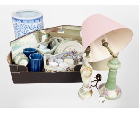 A box containing Art Deco frameless mirror, assorted ceramics, together with a ceamic lamp base and two shades.