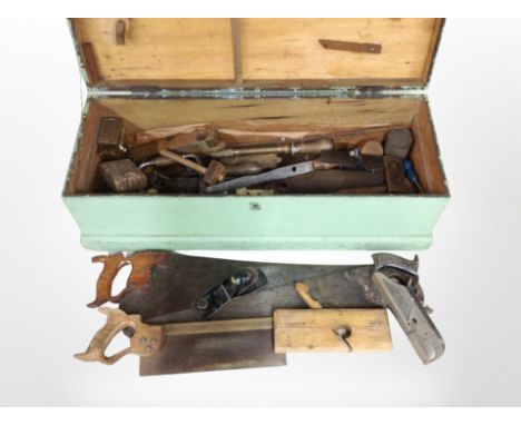 Four joiner's toolboxes containing assorted antique and later carpentry tools, including saws, woodworking planes including S