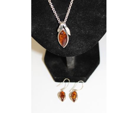 A 925 silver pendant &amp; earring set with amber decoration pendant on a long 925 silver chain 