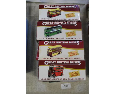 Four new boxed Atlas 1:76 scale model buses 