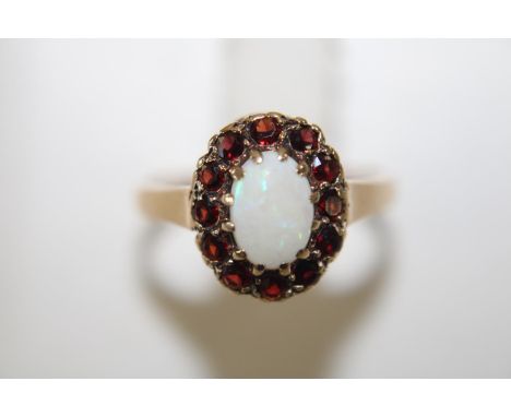 A 9ct gold opal &amp; garnet cluster ring size J 