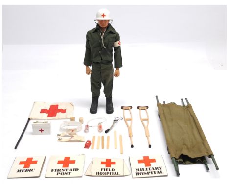 Palitoy Vintage Action Man Medic, blonde flock hair, blue pants, eagle-eyes, gripping hands, wearing shirt, trousers, Red Cro