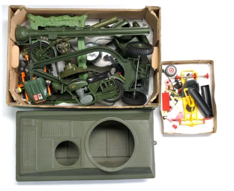 Palitoy Action Man Vintage Vehicle/Playset spare parts from Go Kart, Motorcycle and Sidecar, 105mm Light Gun, plus others - c