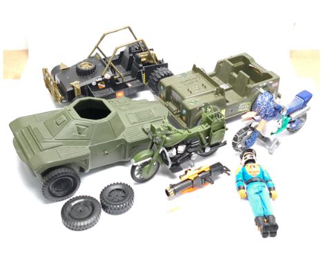 1/6th Scale Action Man (or similar) loose/unboxed group of vehicles to include Jeeps, motorcycles and 1 x dressed action figu