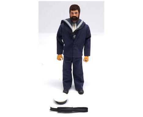 Palitoy Vintage Action Man Sailor, dark flock hair, gripping hands, wearing shirt, jacket, trousers, collar, ribbon, plus oth