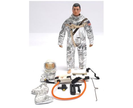 Palitoy Vintage Action Man Astronaut, dark painted head, plastic hands, wearing space suit, helmet, oxygen chest pack, tether