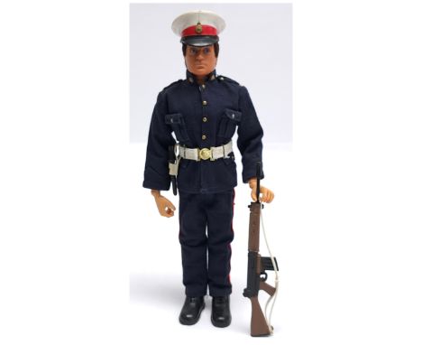 Palitoy Vintage Action Man Royal Marines, dark flock hair, blue pants, eagle-eyes, gripping hands, wearing tunic, trousers, b