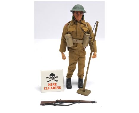 Palitoy Vintage Action Man Royal Engineers, dark flock hair, blue pants, eagle-eyes, gripping hands, wearing Battledress jack
