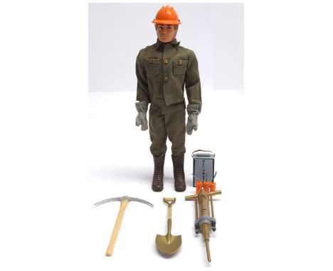 Palitoy Vintage Action Man Combat Demolitions Engineer, blonde flock hair, blue pants, eagle-eyes, gripping hands, wearing tu