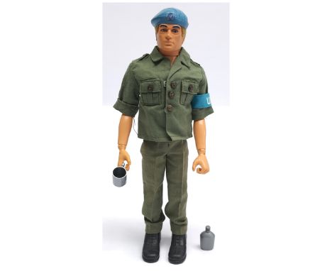 Palitoy Vintage Action Man UN Peace Force, blonde flock hair, blue pants, eagle-eyes, gripping hands, wearing shirt, trousers