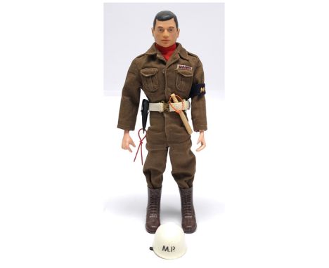 Palitoy Vintage Action Man Military Police, dark painted head, hard hands, wearing M.P. uniform, white pistol belt, pistol, t