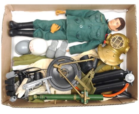 Palitoy Action Man vintage, unboxed group to include dressed flock head, gripping hands figure (1 hand is detached), plus var