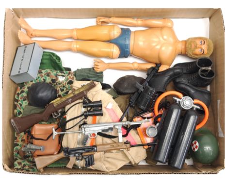 Palitoy Action Man vintage, unboxed group to include undressed eagle eyed, gripping hands figure plus various accessories inc